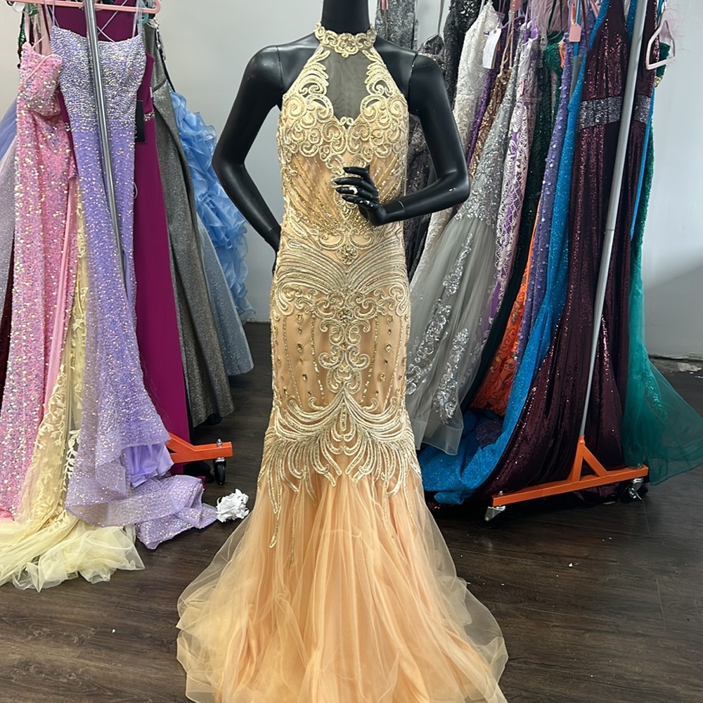 feriani couture 26286 Gold Beaded Long High Neck Mermaid Sleeveless Dress NWT